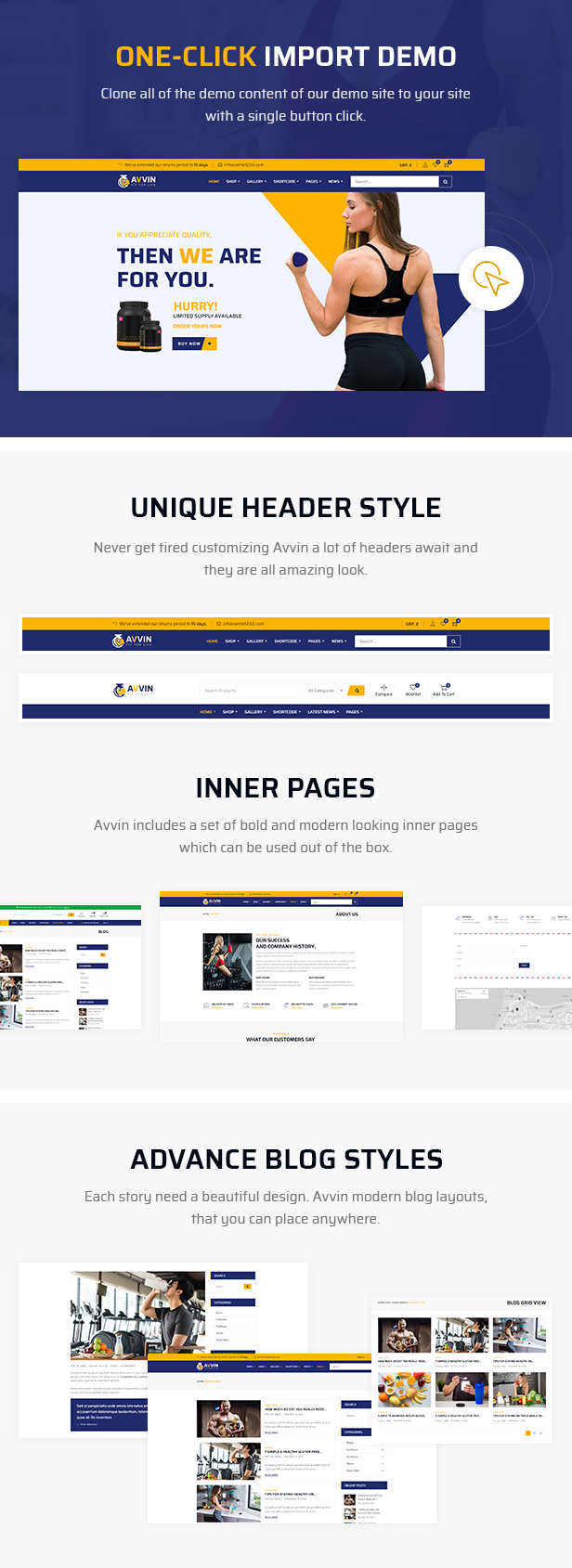 Avvin - Fitness Nutrition and Supplements Store WooCommerce Theme